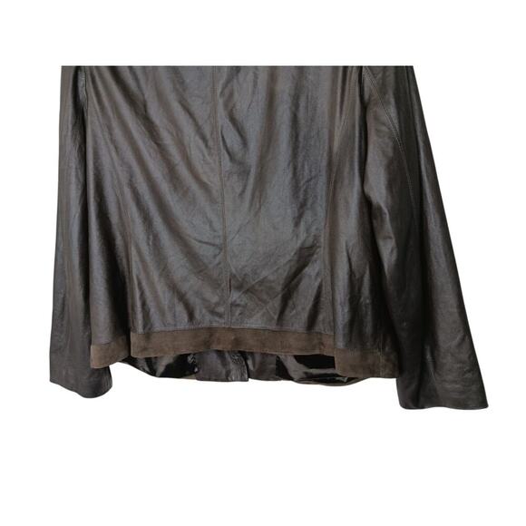 Tahari Woman 100% Leather Jacket Brown Suede Trim Open Front Pockets Boho Chic L - Picture 12 of 16